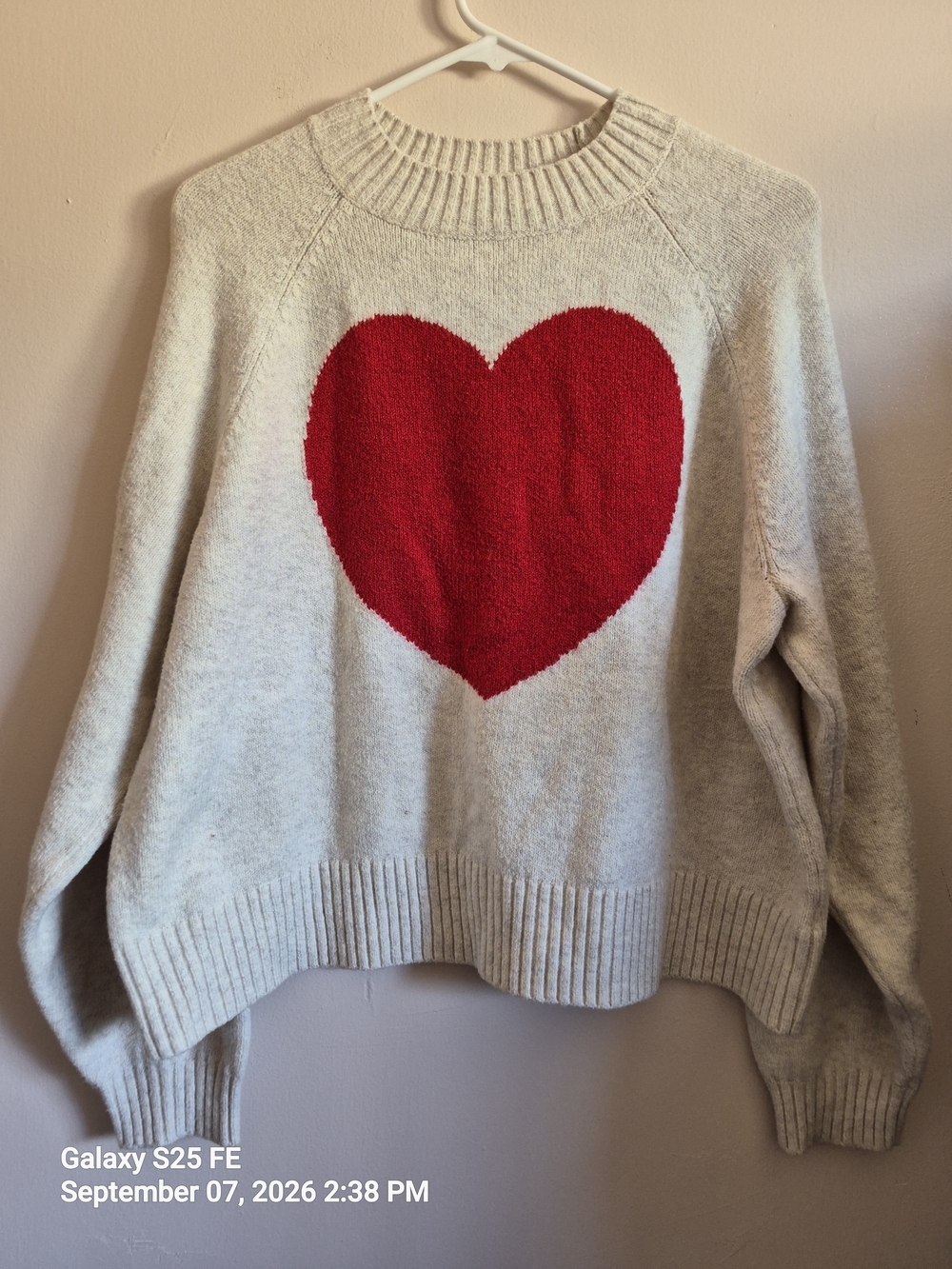 Old Navy Cream Crewneck Sweater with Red Heart